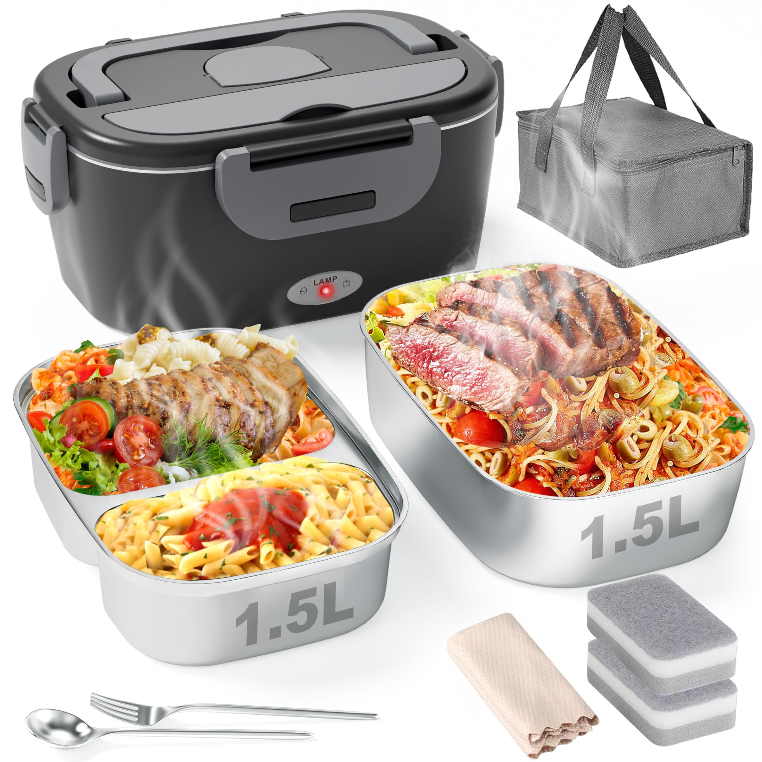 ThermosiMeal | Portable Electric Heating Lunch Box with Dual Stainless Steel Containers