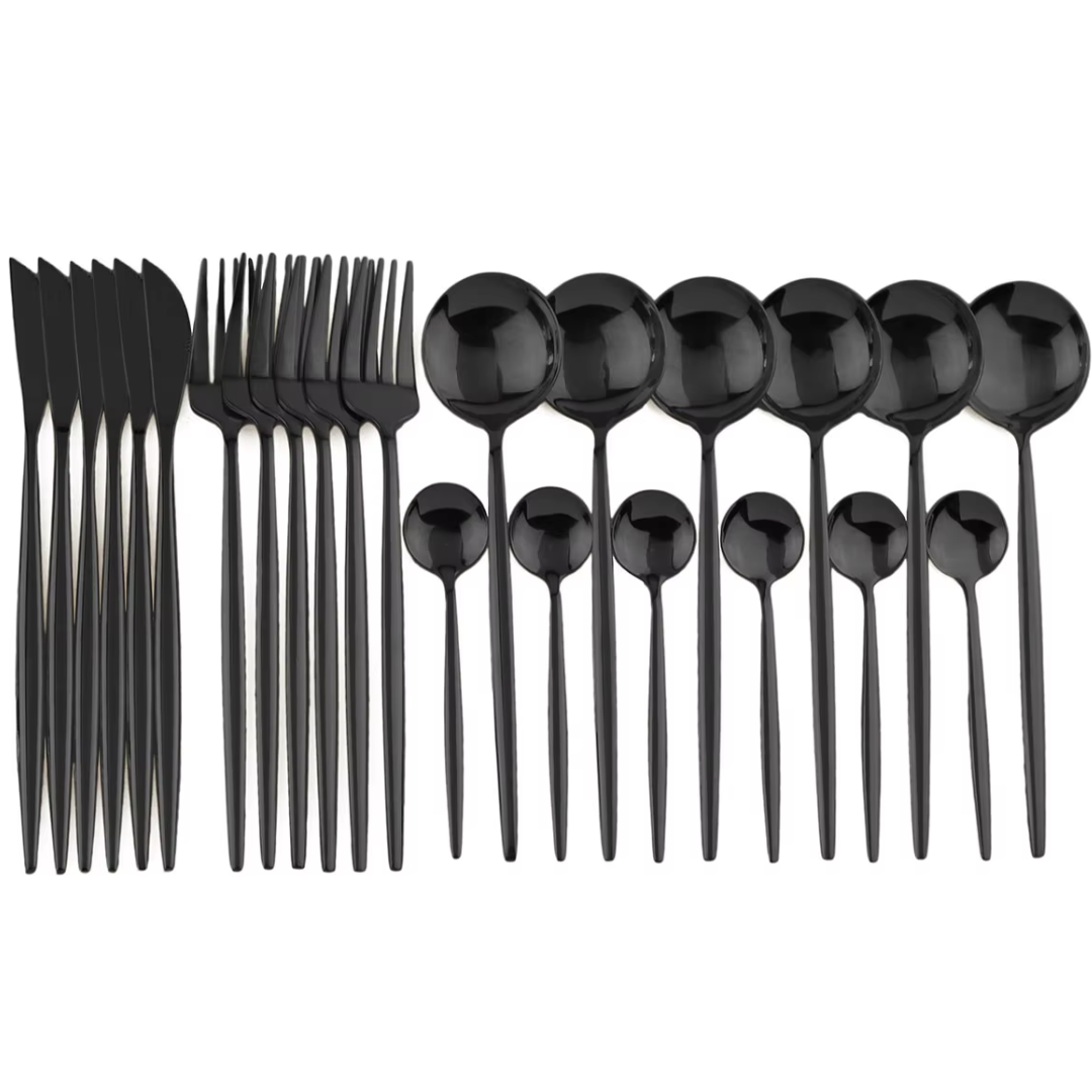 Black Stainless Steel Cutlery Set with Steak Knives for Four 24 Piece