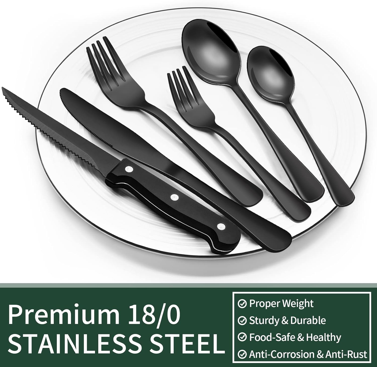 Black Stainless Steel Cutlery Set with Steak Knives for Four 24 Piece