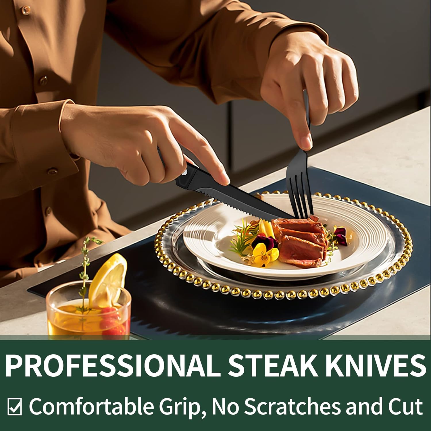 Black Stainless Steel Cutlery Set with Steak Knives for Four 24 Piece