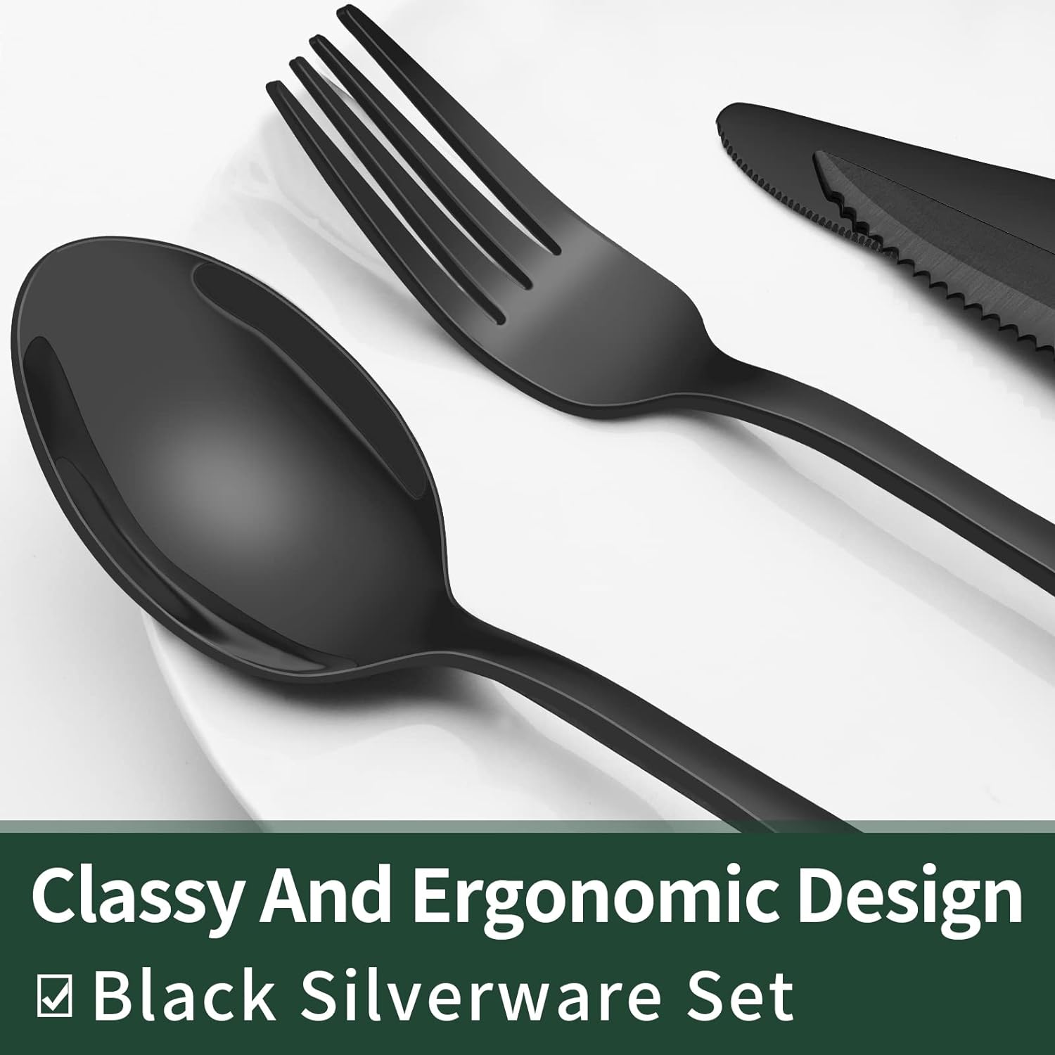 Black Stainless Steel Cutlery Set with Steak Knives for Four 24 Piece