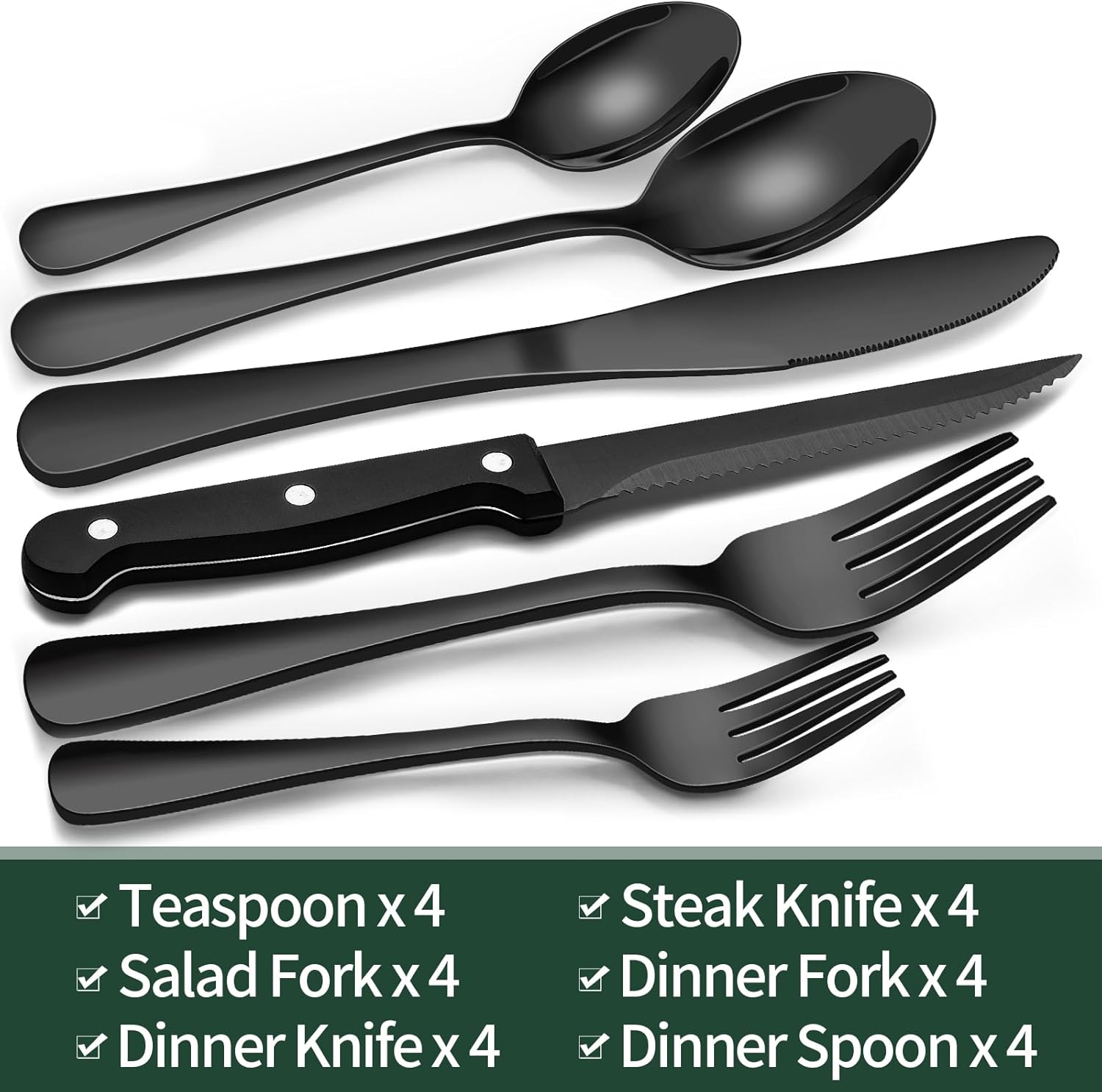 Black Stainless Steel Cutlery Set with Steak Knives for Four 24 Piece