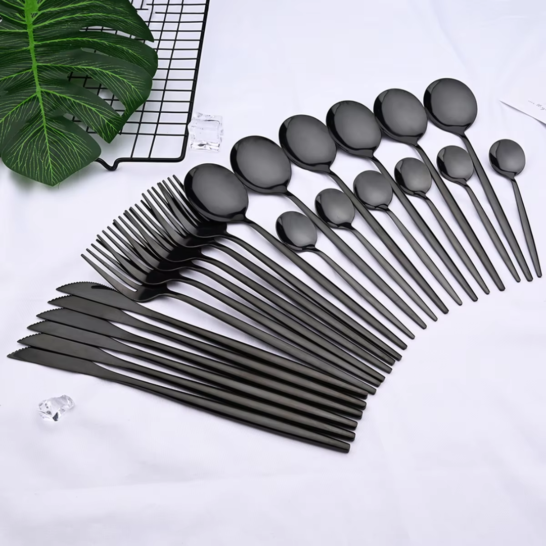 Black Stainless Steel Cutlery Set with Steak Knives for Four 24 Piece