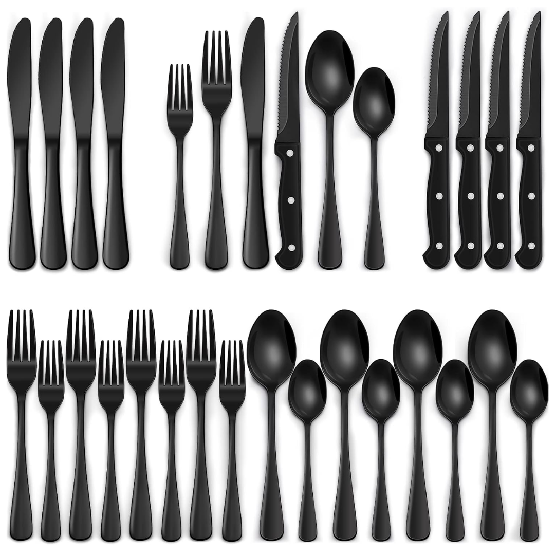Black Stainless Steel Cutlery Set with Steak Knives for Four 24 Piece