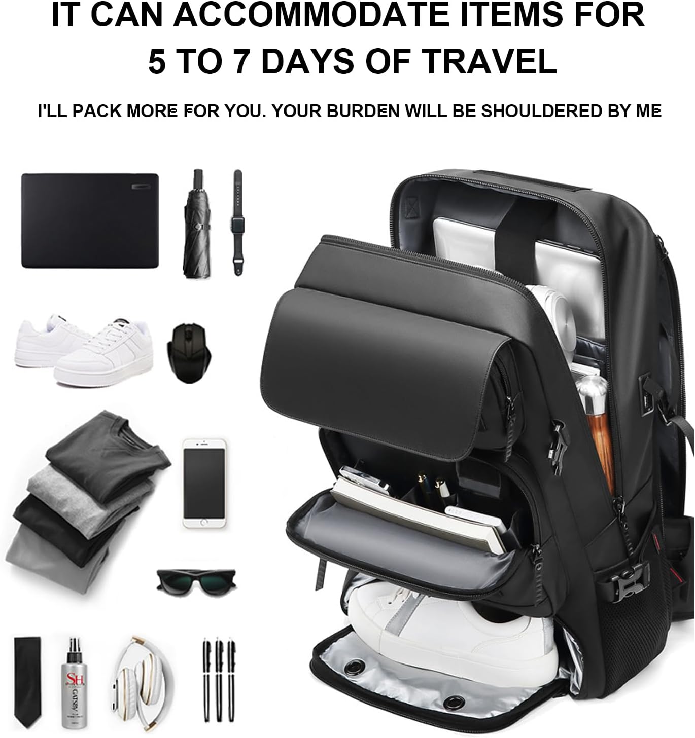 50L Waterproof Travel Backpack with Shoe Compartment & USB Charging Port – Large Carry-On Daypack for Work & Trips