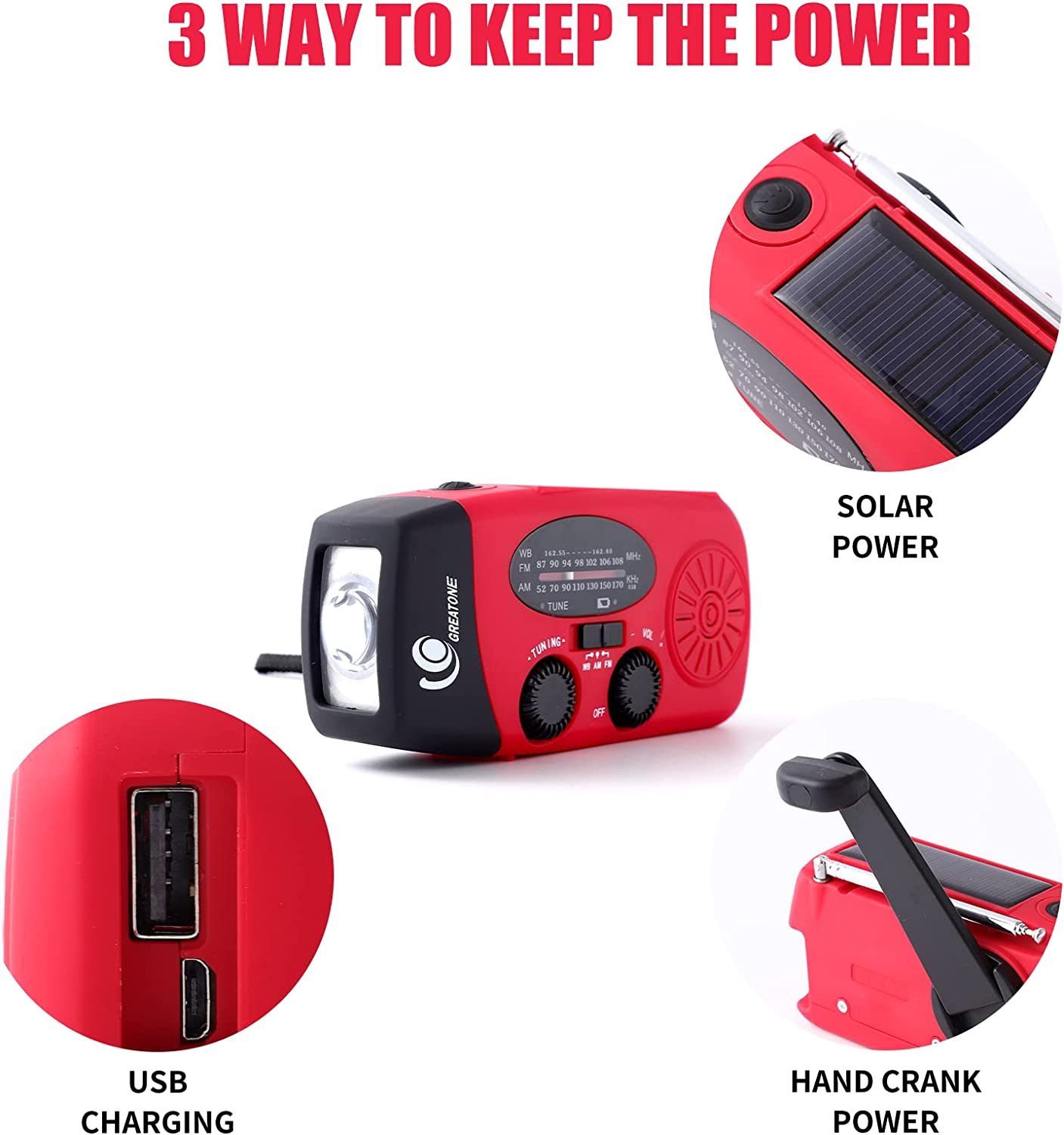 Portable Emergency Solar Radio with Hand Crank, NOAA Weather Alerts, LED Flashlight & 1000mAh Power Bank for Outdoor Survival & Camping