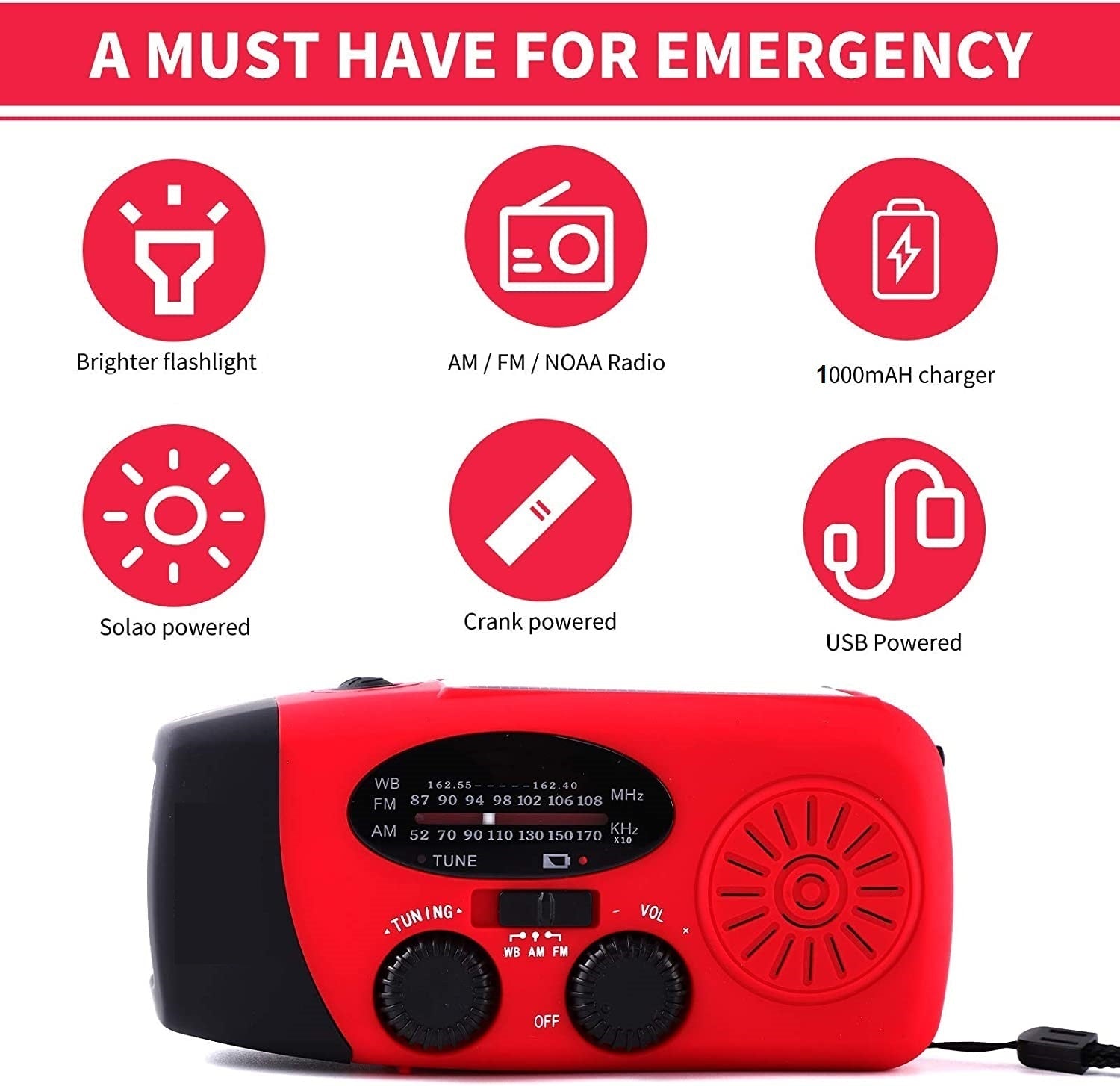 Portable Emergency Solar Radio with Hand Crank, NOAA Weather Alerts, LED Flashlight & 1000mAh Power Bank for Outdoor Survival & Camping