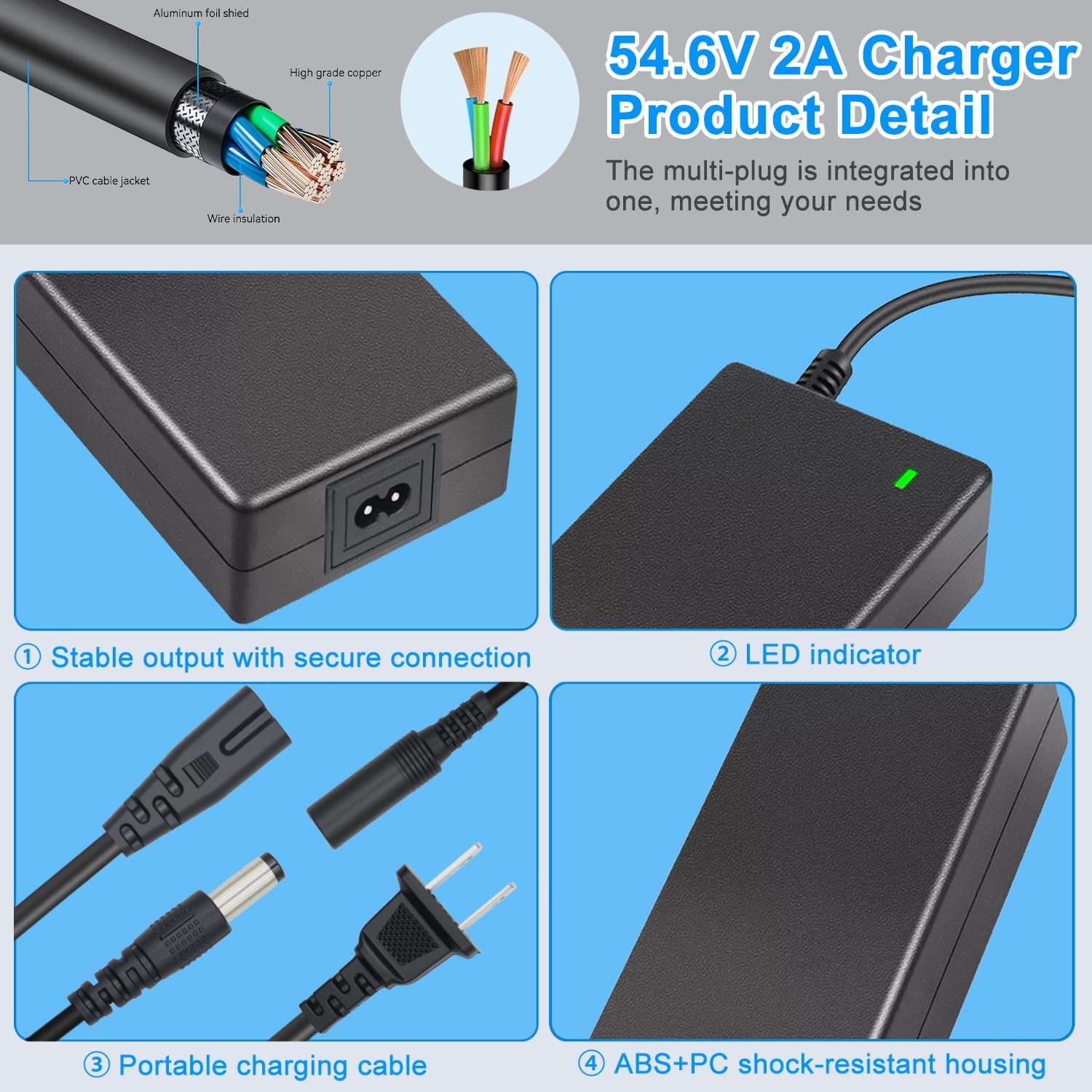 Universal Fast Charger 54.6V 2A for 48V Electric Scooters with 7 Piece Plug Set