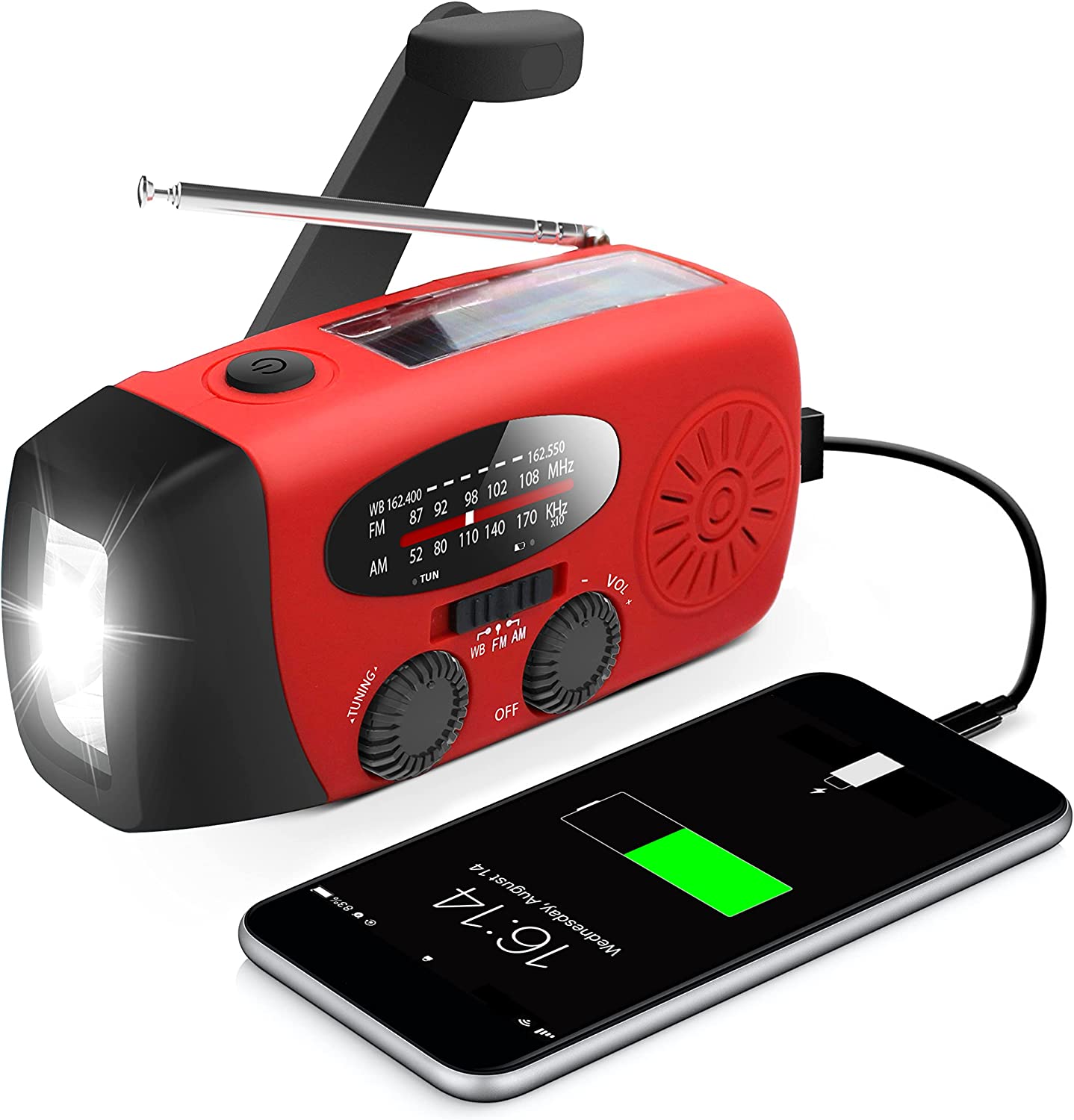 Portable Emergency Solar Radio with Hand Crank, NOAA Weather Alerts, LED Flashlight & 1000mAh Power Bank for Outdoor Survival & Camping
