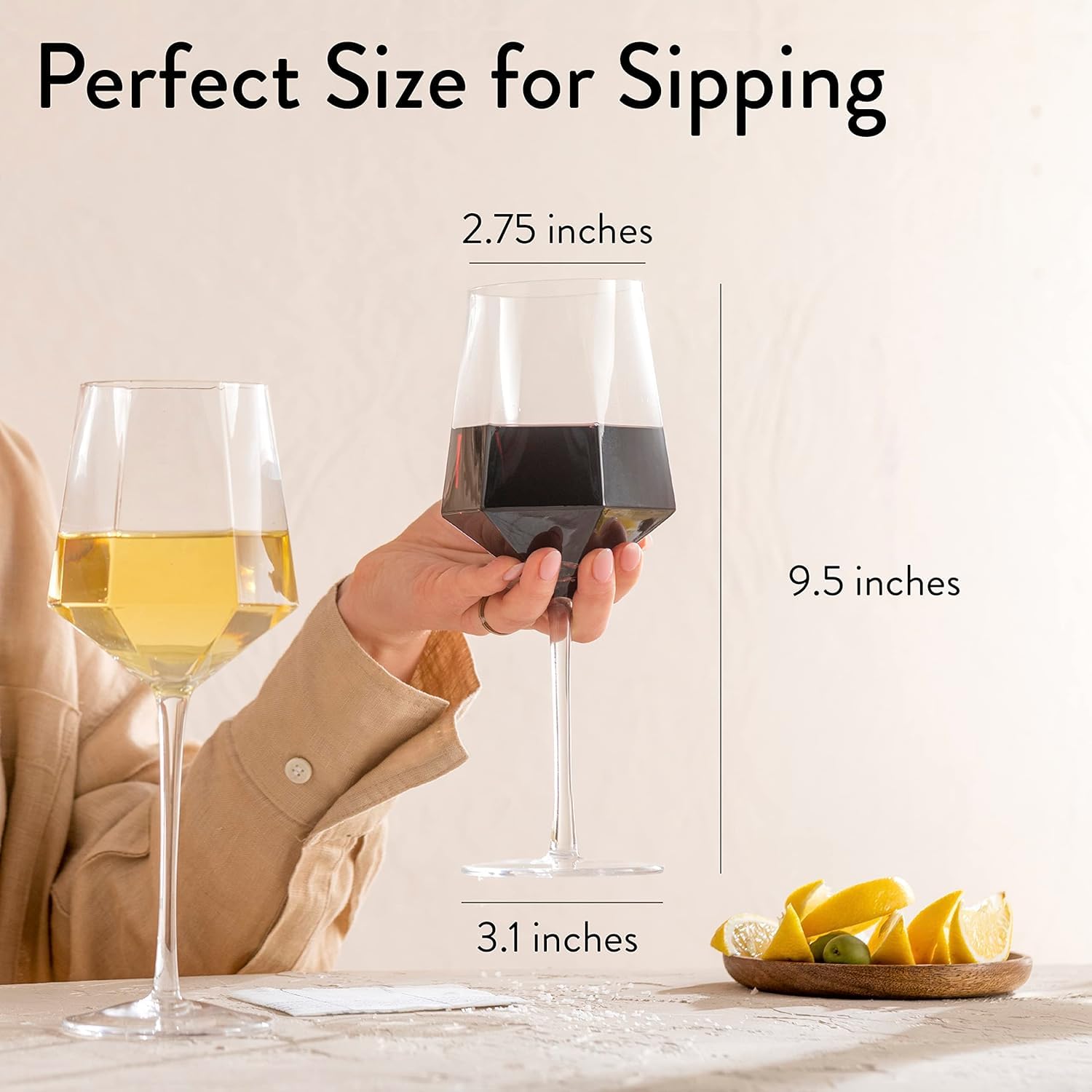 Wine Glasses - Set of 6 - Crystal Hexagon - Hand Blown