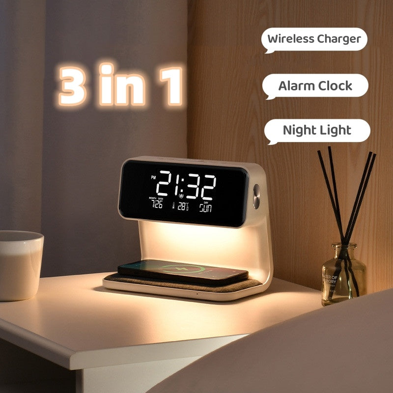 3-in-1 Bedside Lamp with Wireless Charger & LED Alarm Clock – Touch Dimmable Nightstand Light