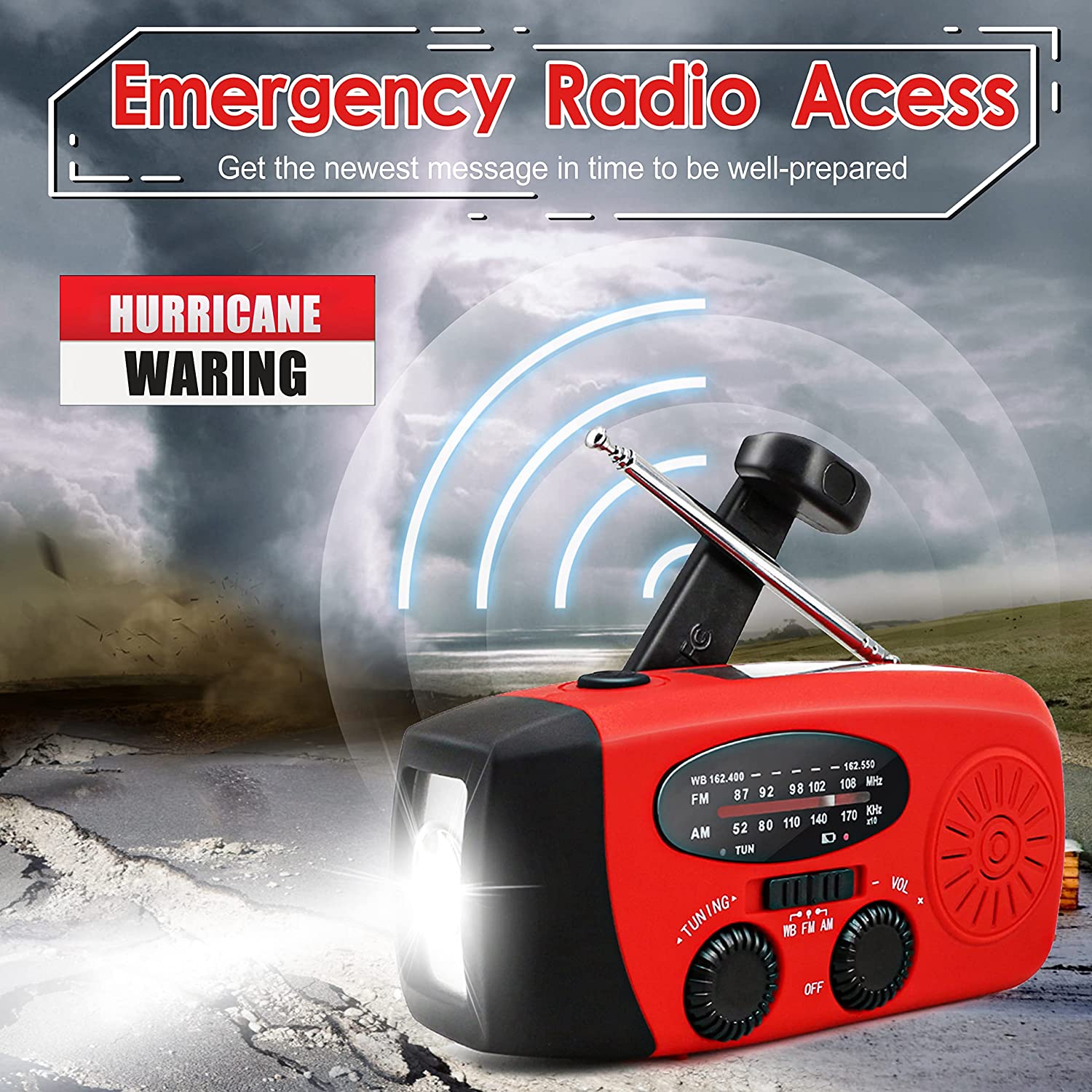 Portable Emergency Solar Radio with Hand Crank, NOAA Weather Alerts, LED Flashlight & 1000mAh Power Bank for Outdoor Survival & Camping