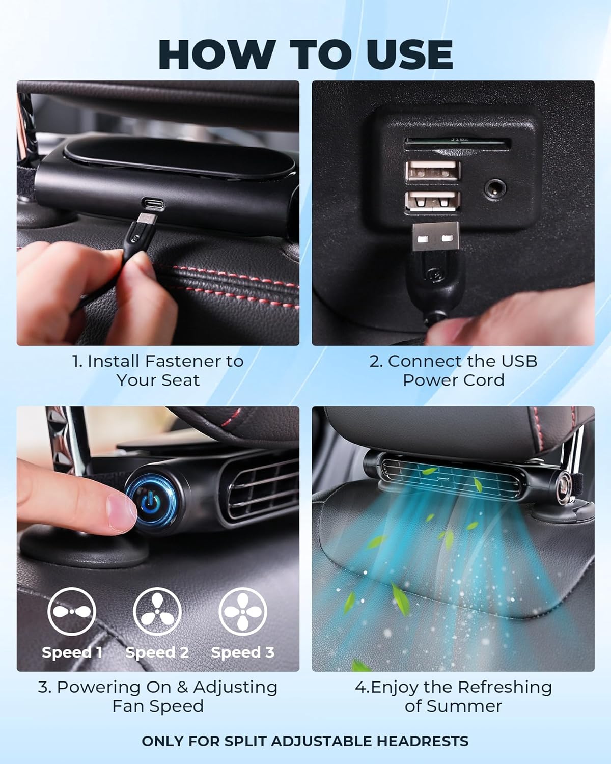USB Backseat Car Cooling Fan with Headrest Mount and 3 Speeds (1+1 FREE)