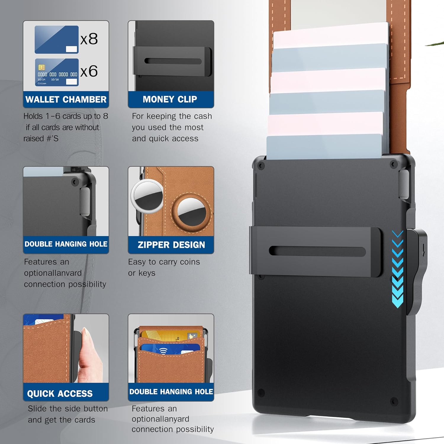 Minimalist AirTag Wallet | Slim RFID Blocking Pop Up Card Holder & Money Clip