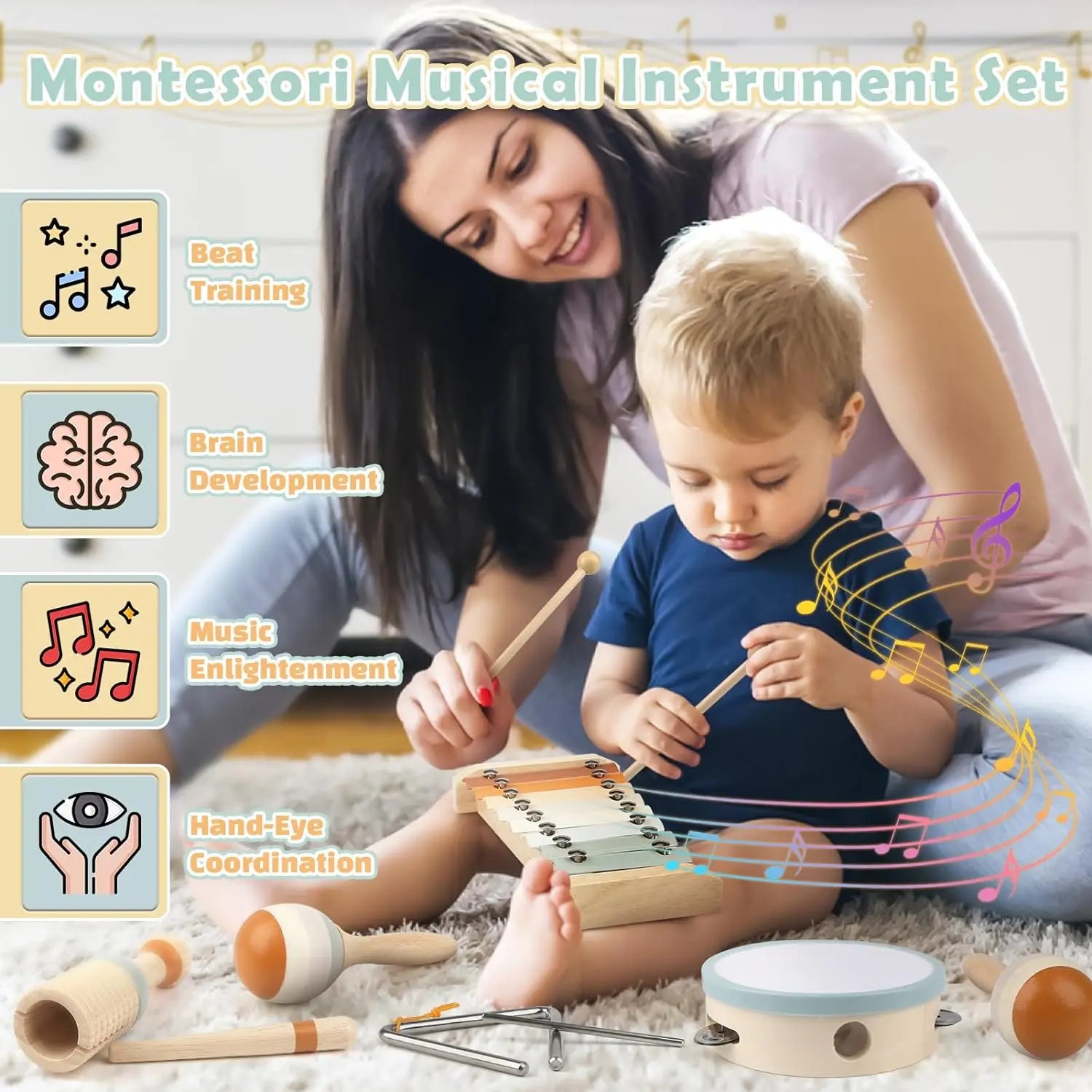 Wooden Montessori Instrument Set | Xylophone, Maracas & Educational Toys for Toddlers