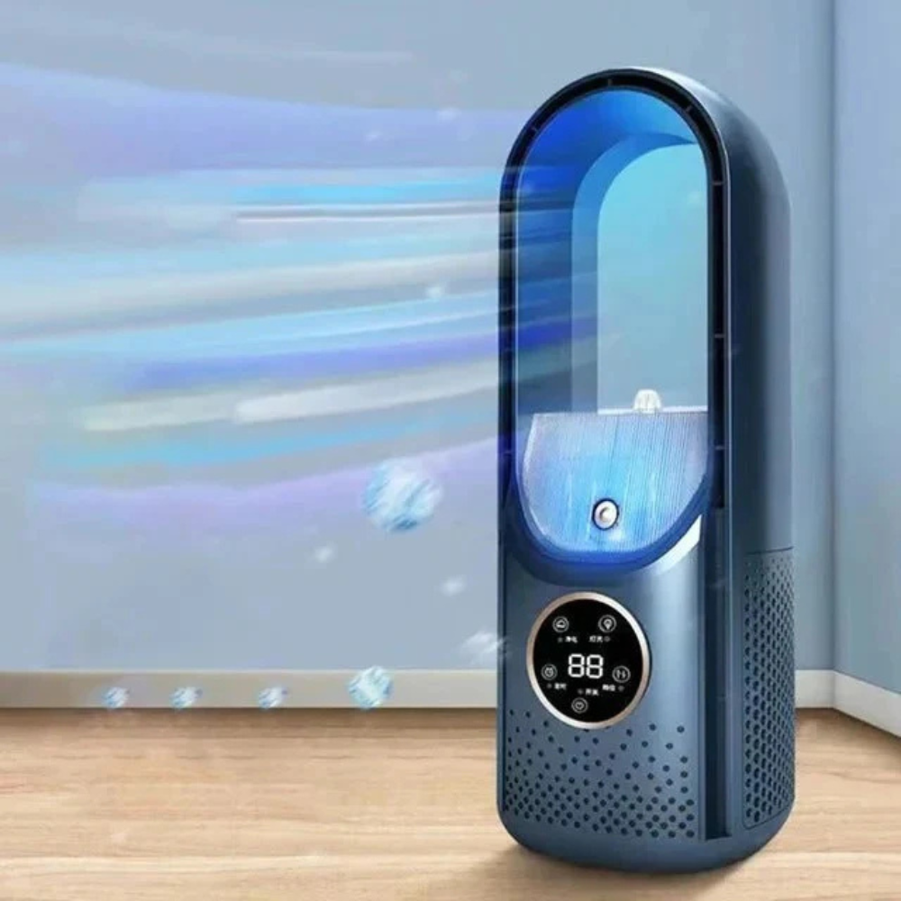 Portable bladeless cooling fan in blue