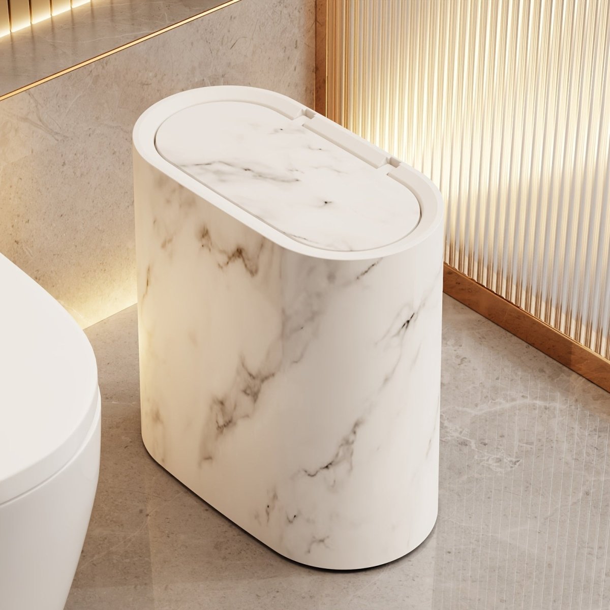 Elegant Oval Marble-Pattern Waste Bin - Stylish Slim Trash Can for Bathrooms, Offices and Living Spaces