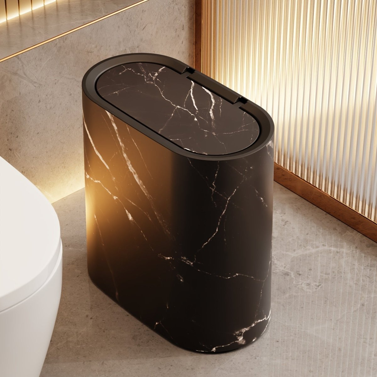 Elegant Oval Marble-Pattern Waste Bin - Stylish Slim Trash Can for Bathrooms, Offices and Living Spaces