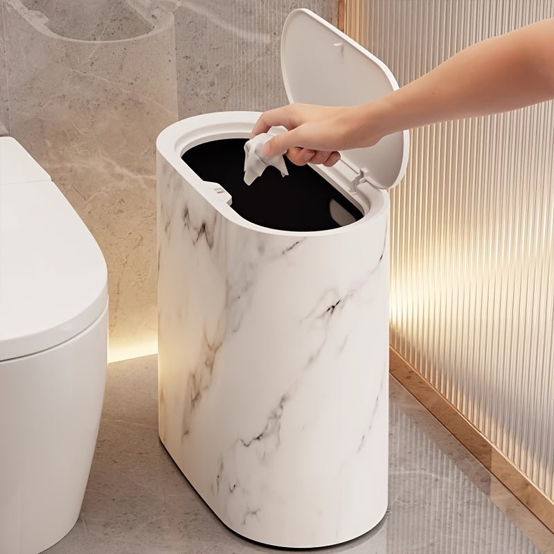 Elegant Oval Marble-Pattern Waste Bin - Stylish Slim Trash Can for Bathrooms, Offices and Living Spaces