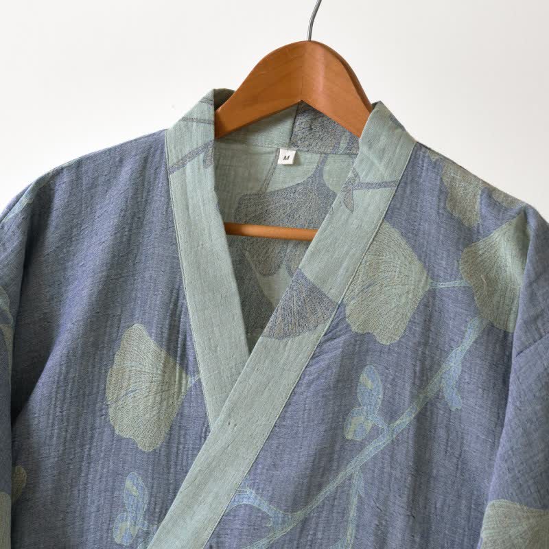 Sora Kimono Bathrobe in Organic Cotton Gauze – Breathable Japanese-Style Robe with Ginkgo Leaf Motif