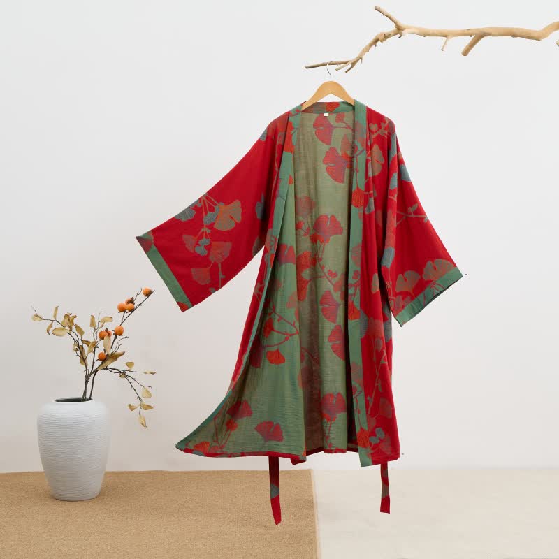 Sora Kimono Bathrobe in Organic Cotton Gauze – Breathable Japanese-Style Robe with Ginkgo Leaf Motif