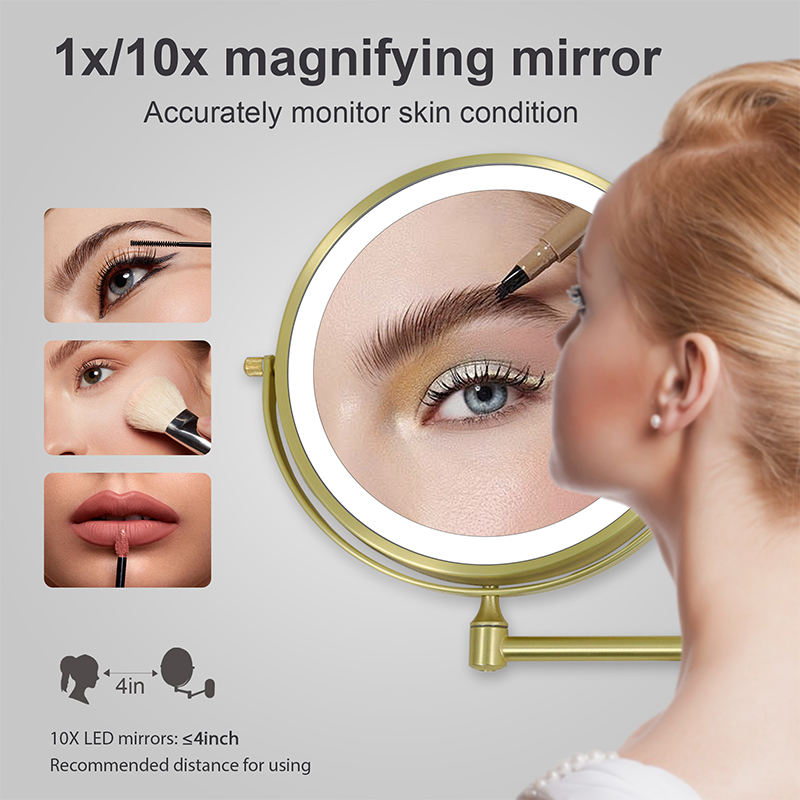 Gold Wall Mounted LED Makeup Mirror with Rechargeable 10X Magnification