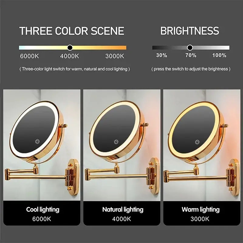 Gold Wall Mounted LED Makeup Mirror with Rechargeable 10X Magnification