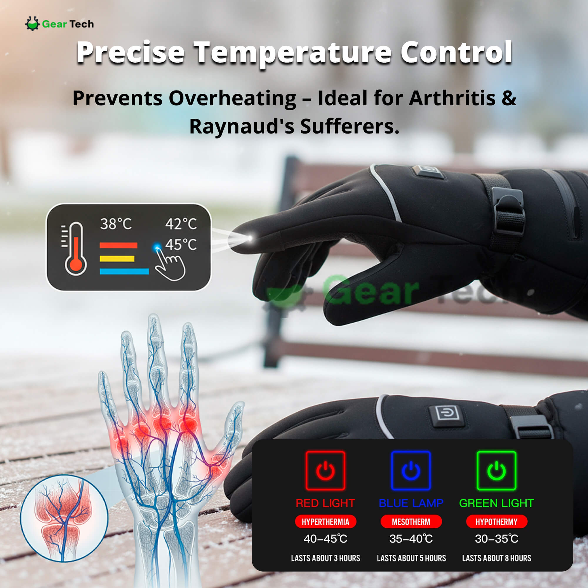 Rechargeable Heated Gloves, Waterproof, 3-Level, for Arthritis & Raynaud's Pain