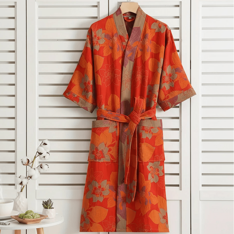 Reversible Organic Cotton Kimono Bathrobe - Soft Breathable Lounge Robe for Spa Days and Relaxing at Home