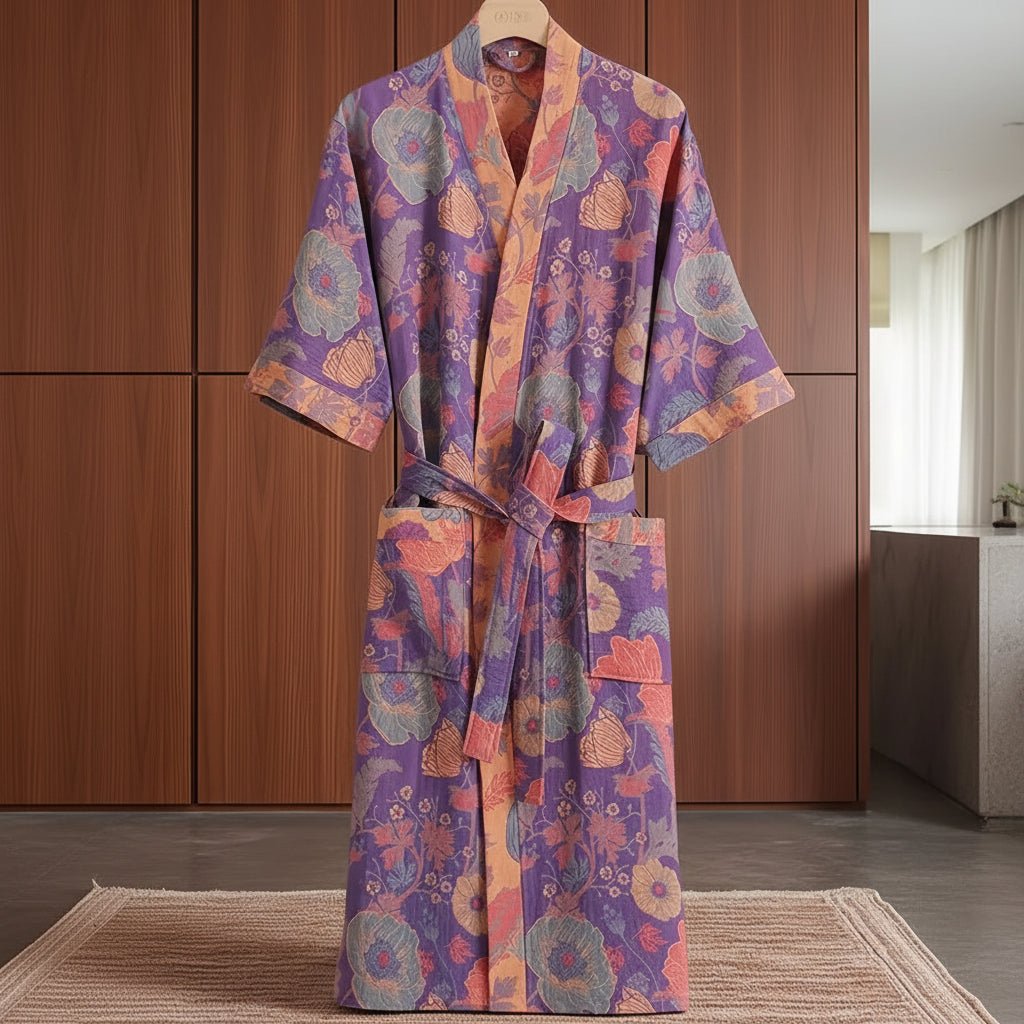 Reversible Organic Cotton Kimono Bathrobe - Soft Breathable Lounge Robe for Spa Days and Relaxing at Home
