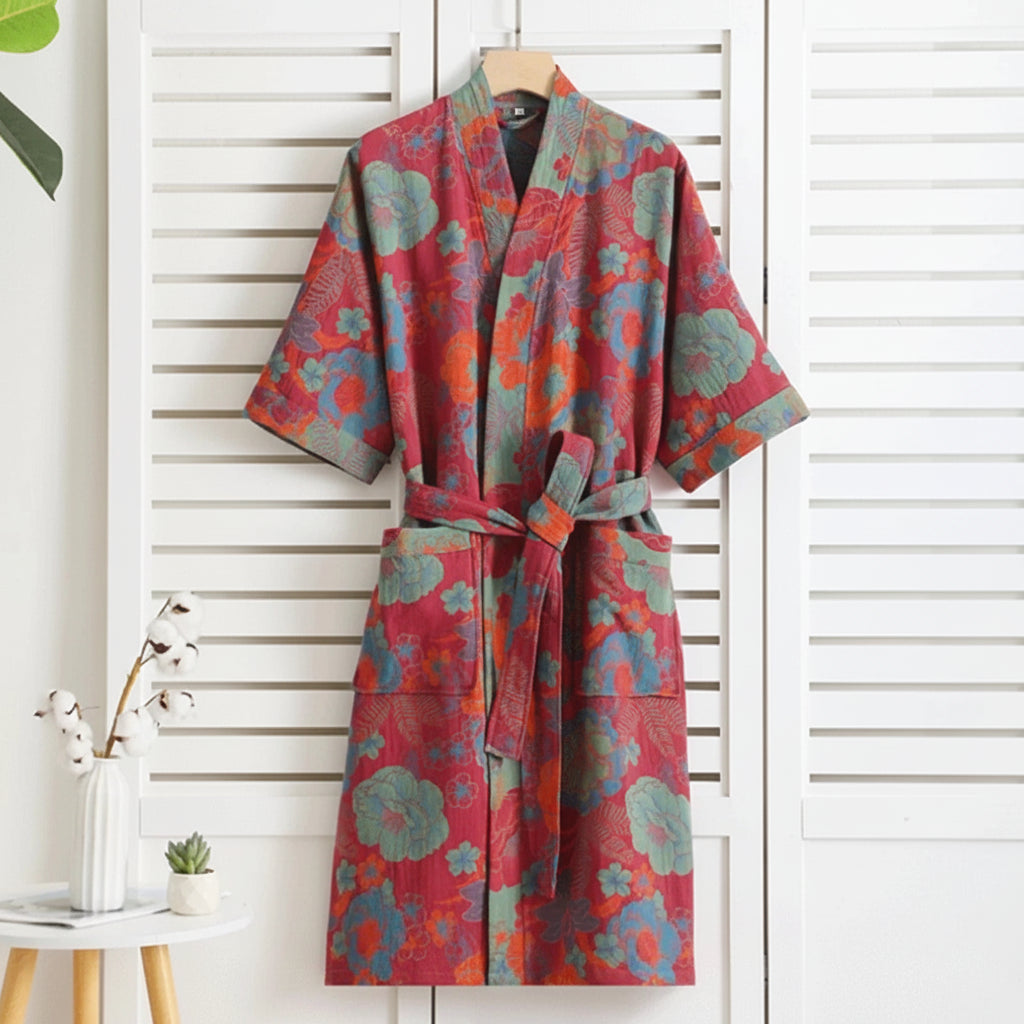 Reversible Organic Cotton Kimono Bathrobe - Soft Breathable Lounge Robe for Spa Days and Relaxing at Home