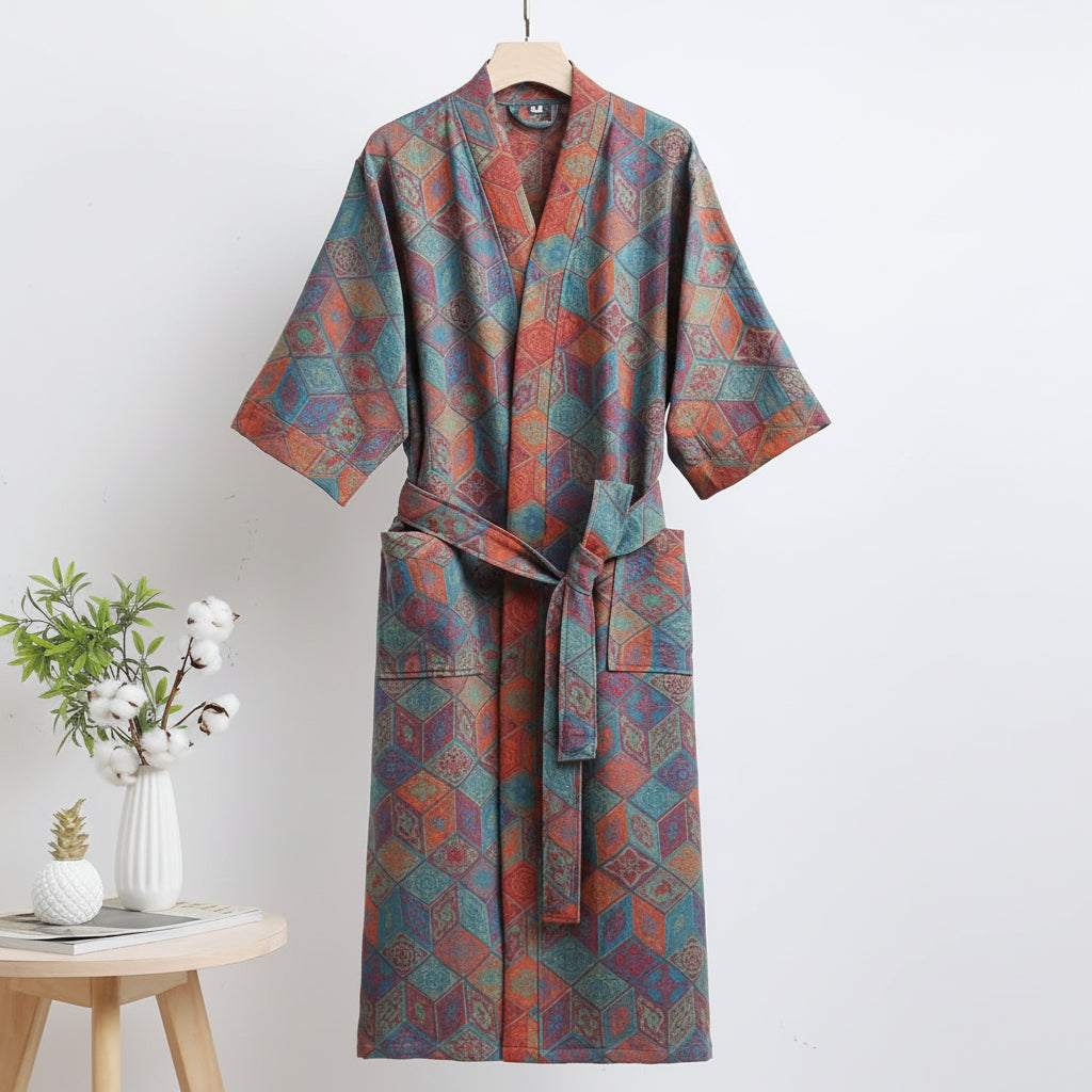 Reversible Organic Cotton Kimono Bathrobe - Soft Breathable Lounge Robe for Spa Days and Relaxing at Home