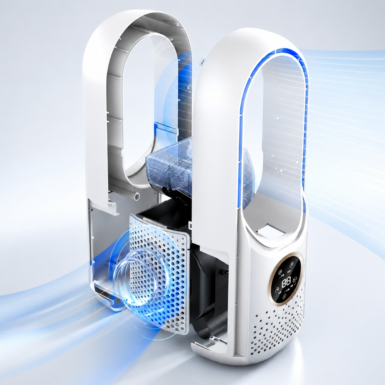 Portable mini air cooler placed beside a bed