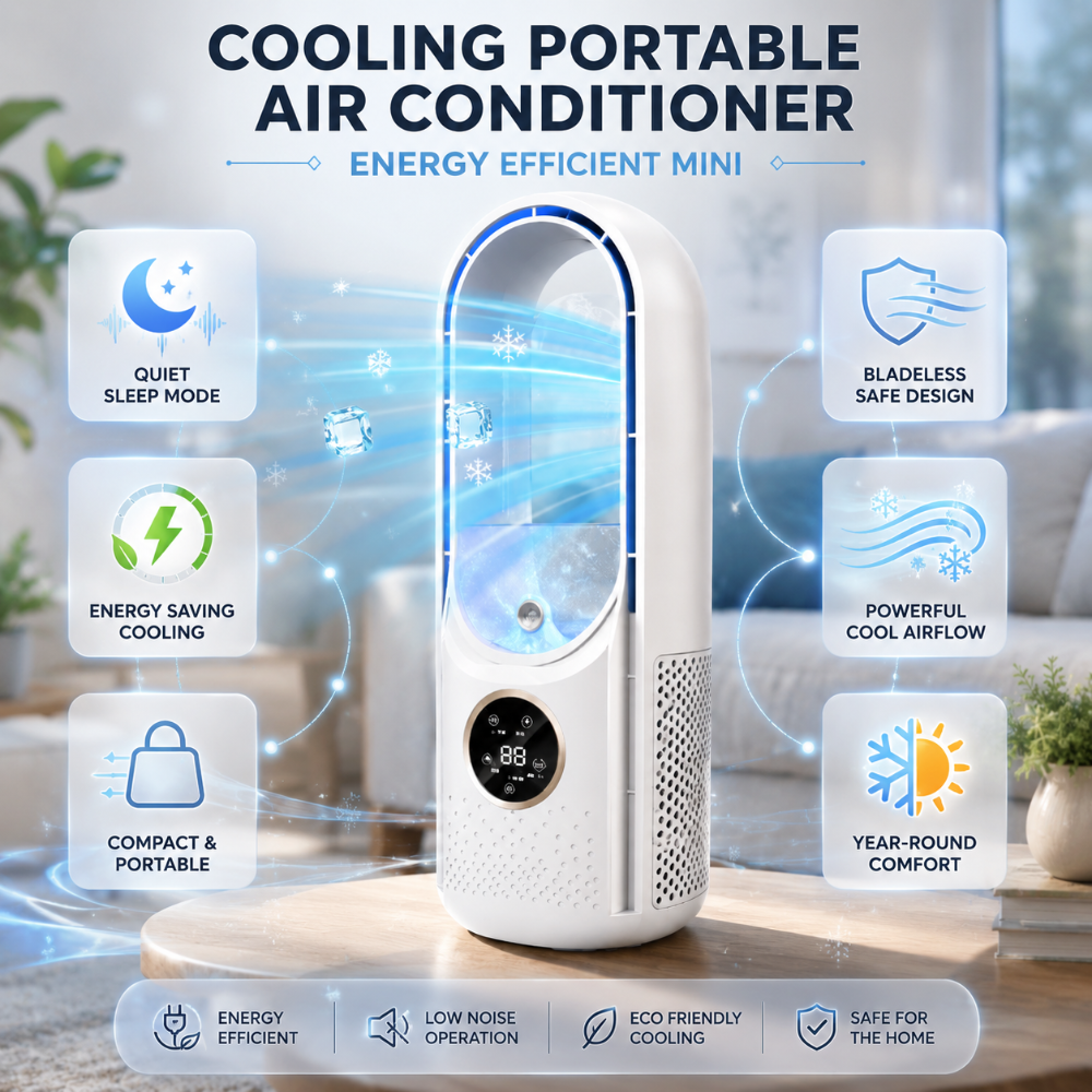 Mini bladeless cooler and heater in a modern living space