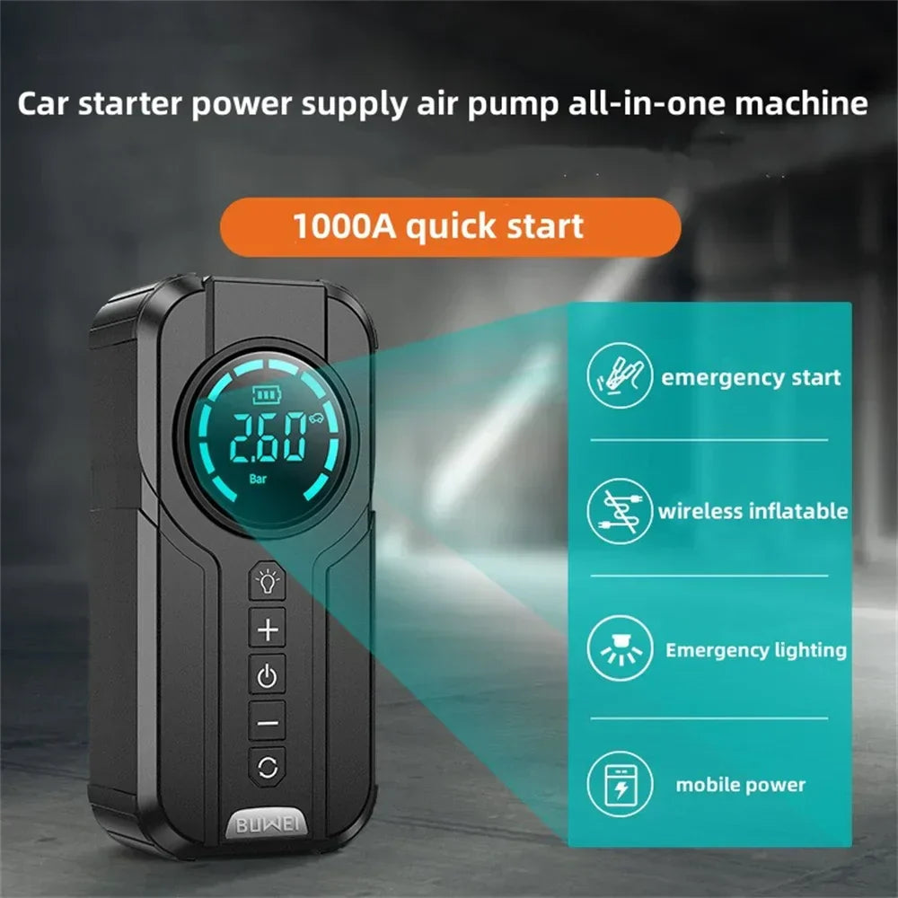 4-in-1 Car Jump Starter with Air Compressor, Power Bank, & LED Flashlight | 1000A Peak Portable Battery Booster