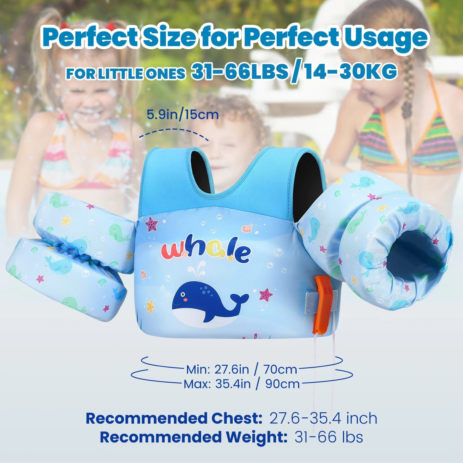 Kids Foam Swim Vest with Arm Floats & Safety Whistle – Toddler Float Jacket for Pool, Beach & Kayaking
