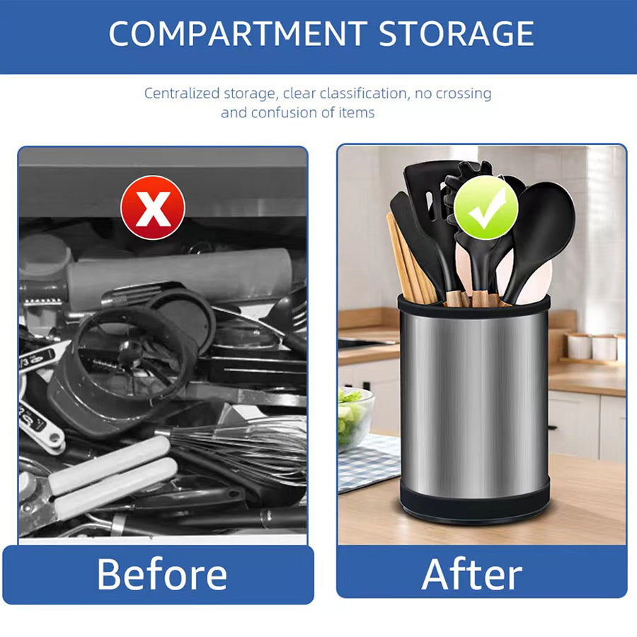 360° Rotating Stainless Steel Utensil Holder | Kitchen Tool Organizer Rack
