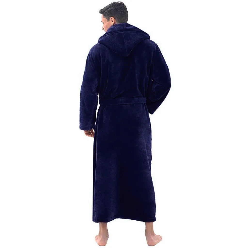 Men's Hooded Bathrobe, Plush Fleece Robe with Pockets