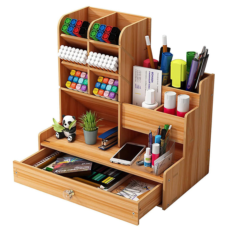 Large Wooden Desk Organizer Caddy | Desktop Stationery Storage Box