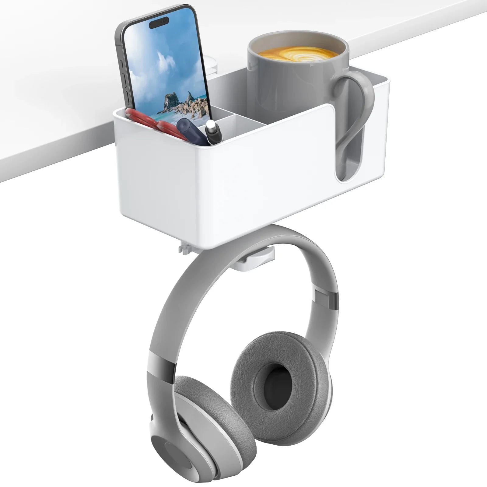 Rotating Desk Organizer - Clamp-On Headphone & Cup Holder for Workspace