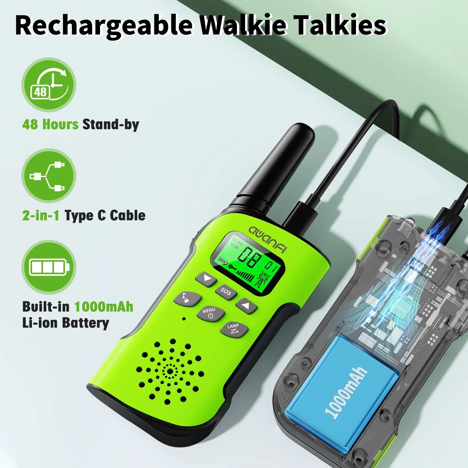 Rechargeable Long Range Kids Walkie Talkies with USB-C for Camping 4 Pack