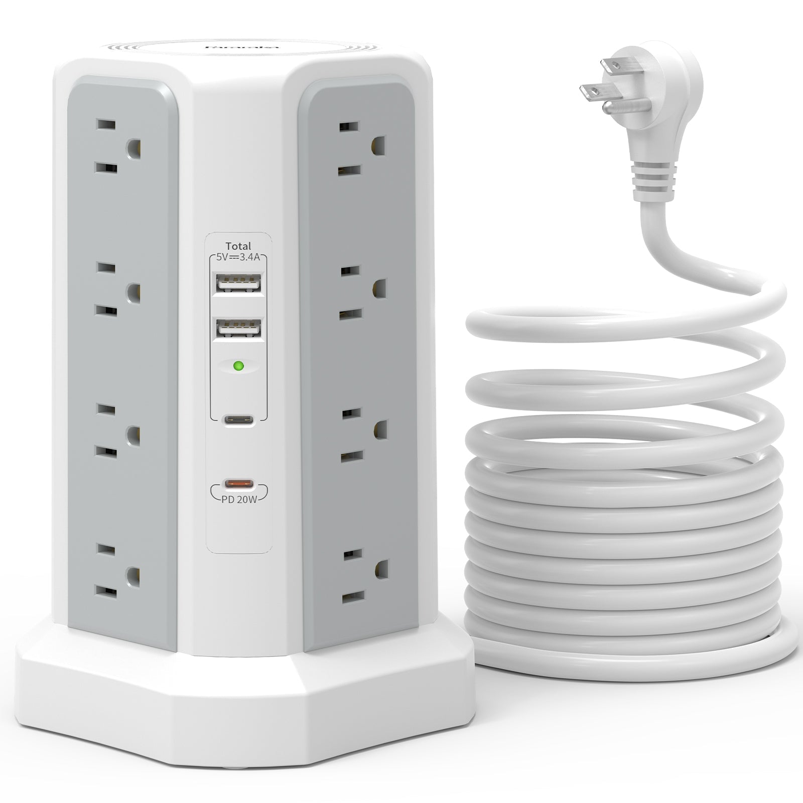 4-Layer Tower Power Strip with 3 Meter Extension Cord | US Plug, PD Fast Charging
