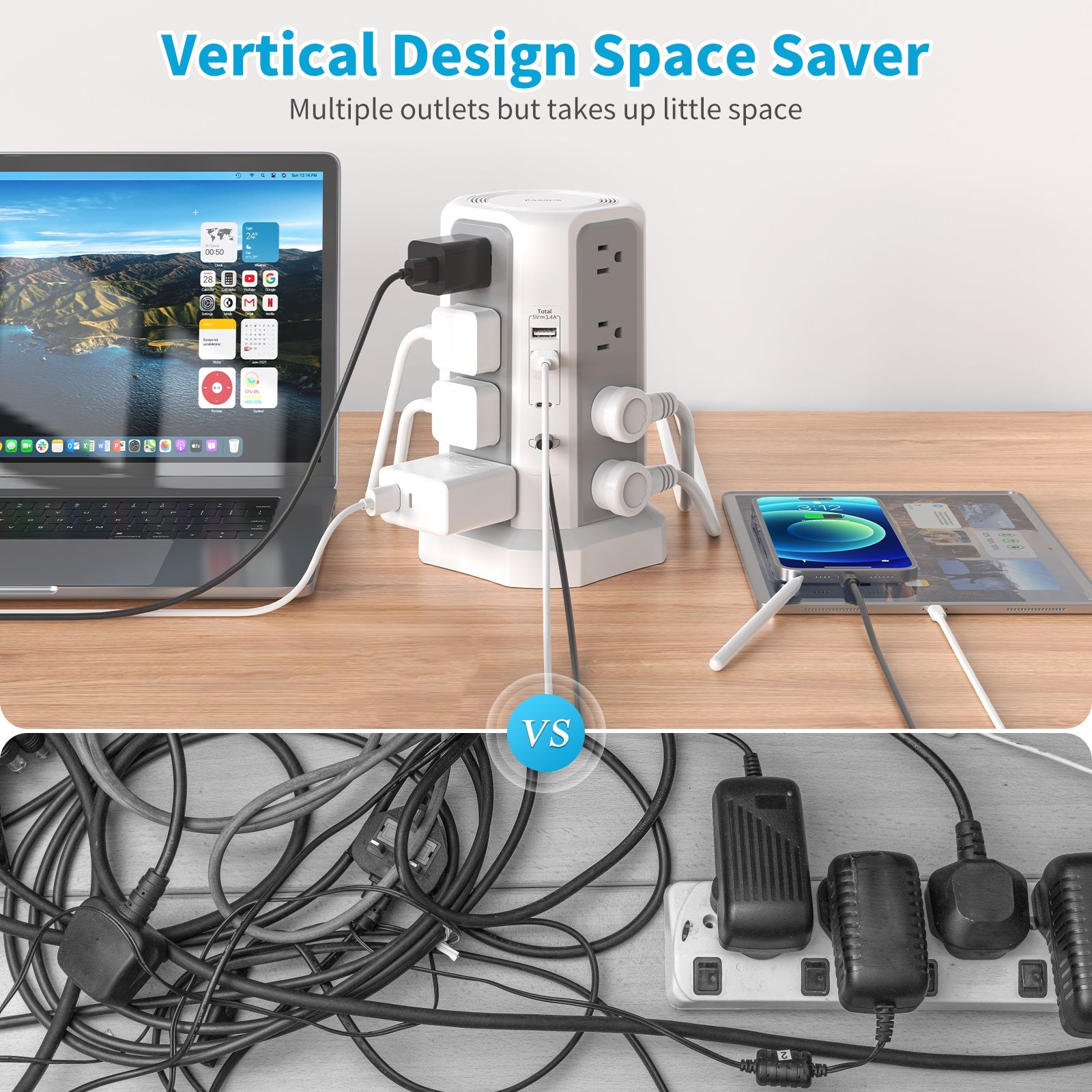 4-Layer Tower Power Strip with 3 Meter Extension Cord | US Plug, PD Fast Charging