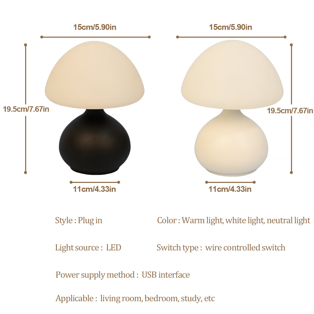 Modern Mushroom Table Lamp | Dimmable LED Bedside Night Light, 3 Color Modes