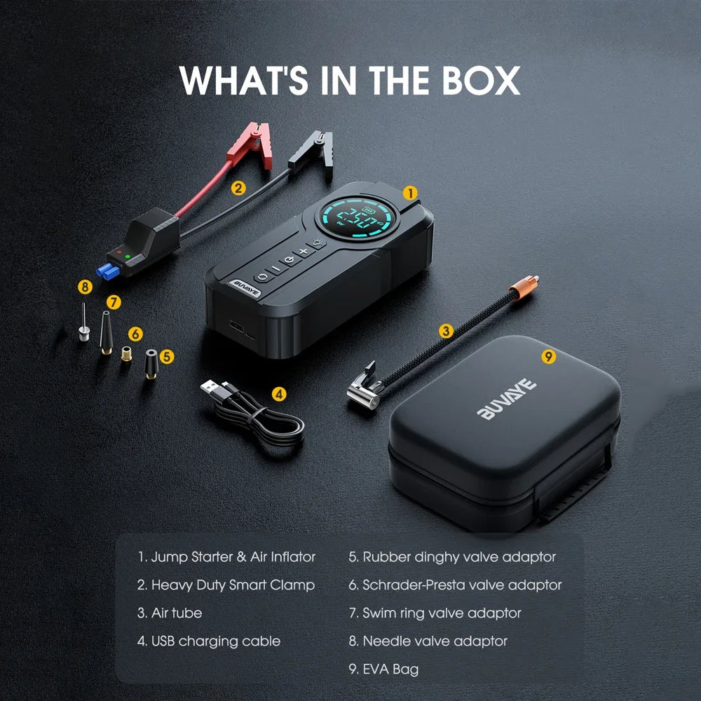 4-in-1 Car Jump Starter with Air Compressor, Power Bank, & LED Flashlight | 1000A Peak Portable Battery Booster