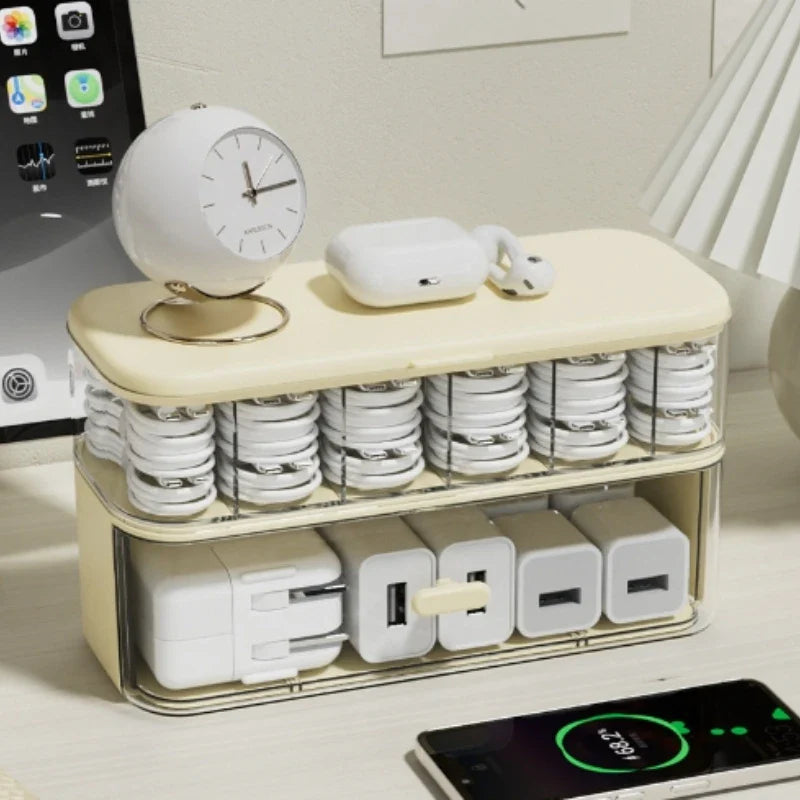 Clear Desktop Cable Organizer Box | Wire Management & Charger Storage