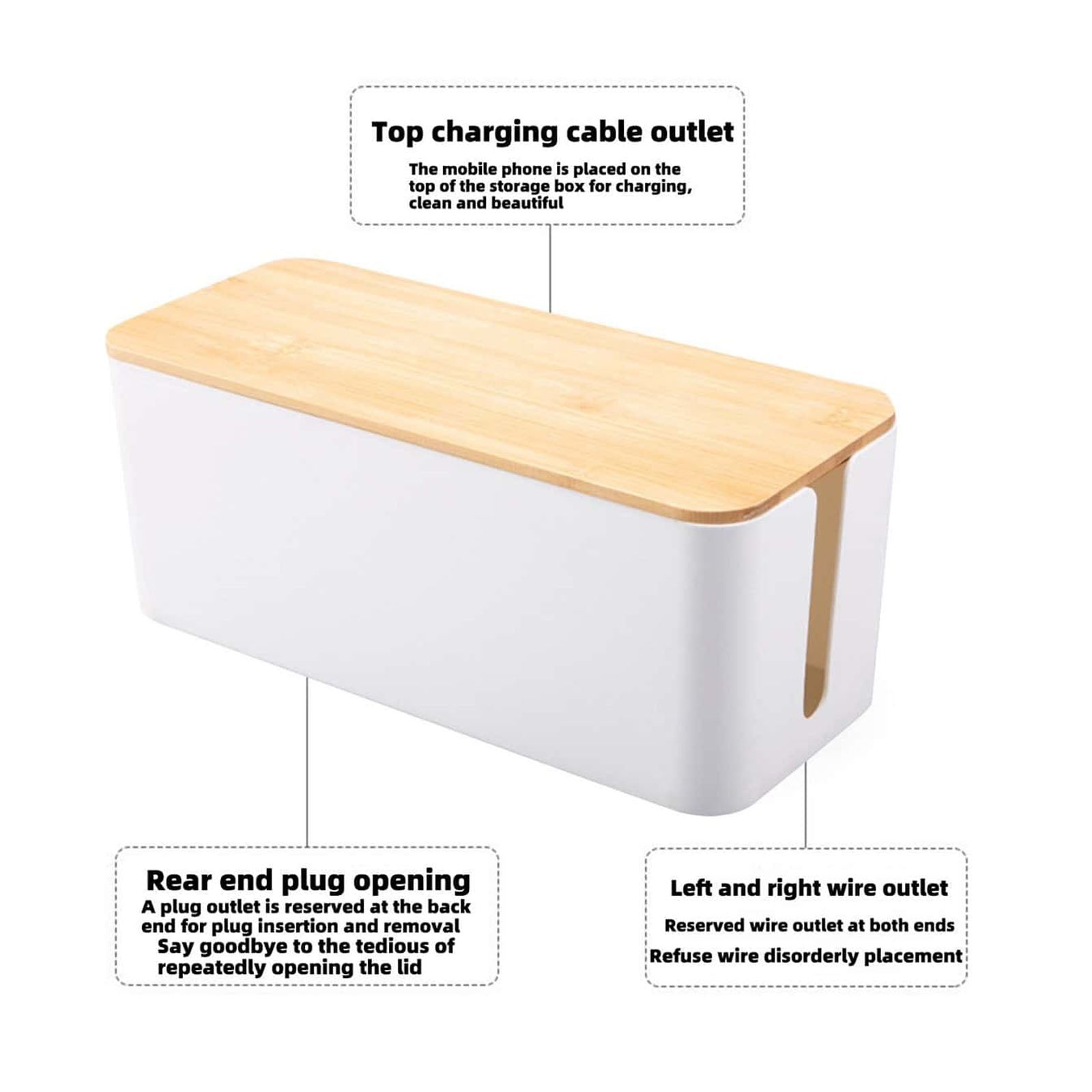 Bamboo Lid Cable Management Box - Stylish Cord Organizer for Home & Office