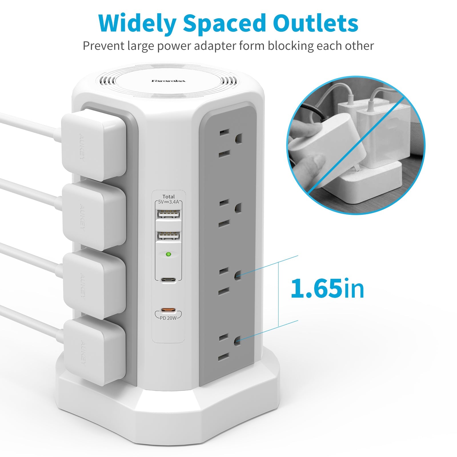 4-Layer Tower Power Strip with 3 Meter Extension Cord | US Plug, PD Fast Charging