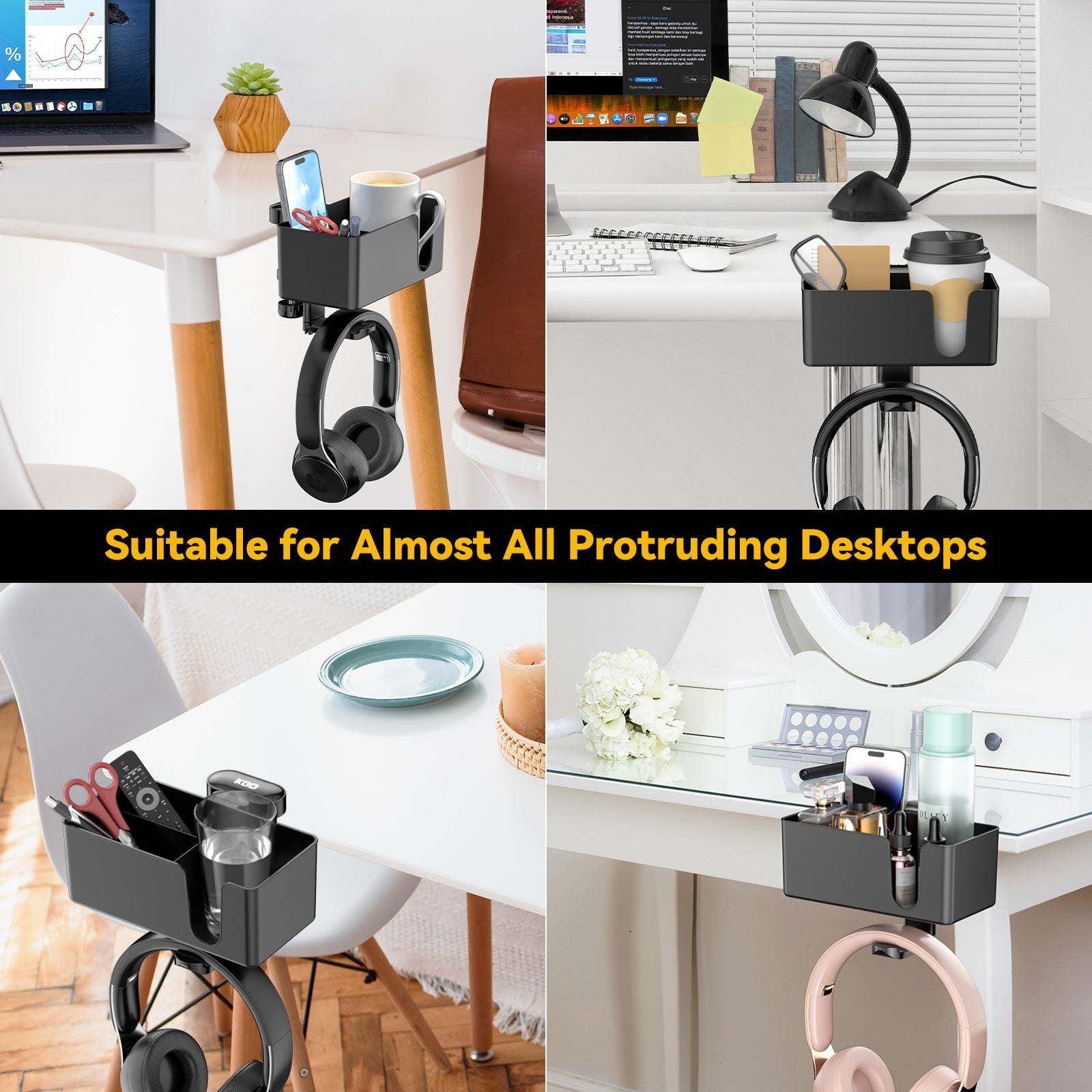 Rotating Desk Organizer - Clamp-On Headphone & Cup Holder for Workspace