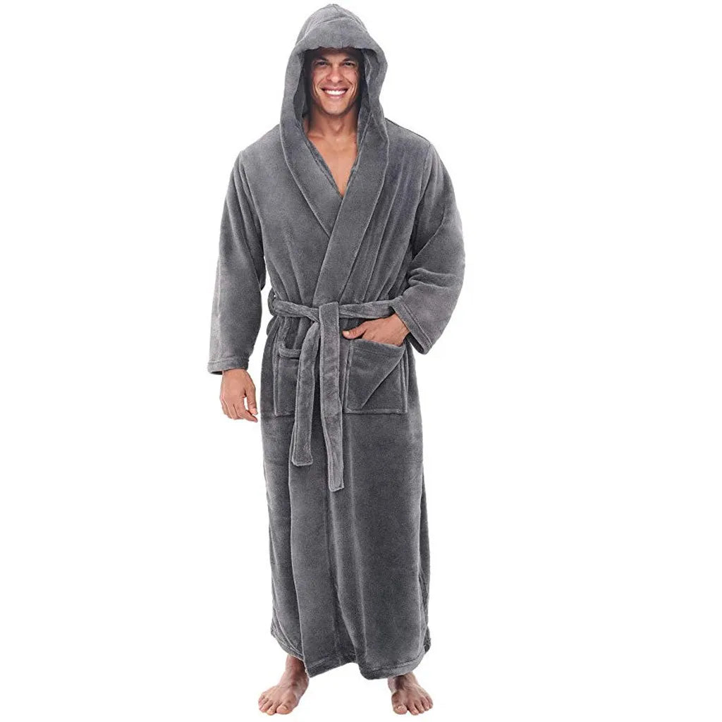 Men's Hooded Bathrobe, Plush Fleece Robe with Pockets